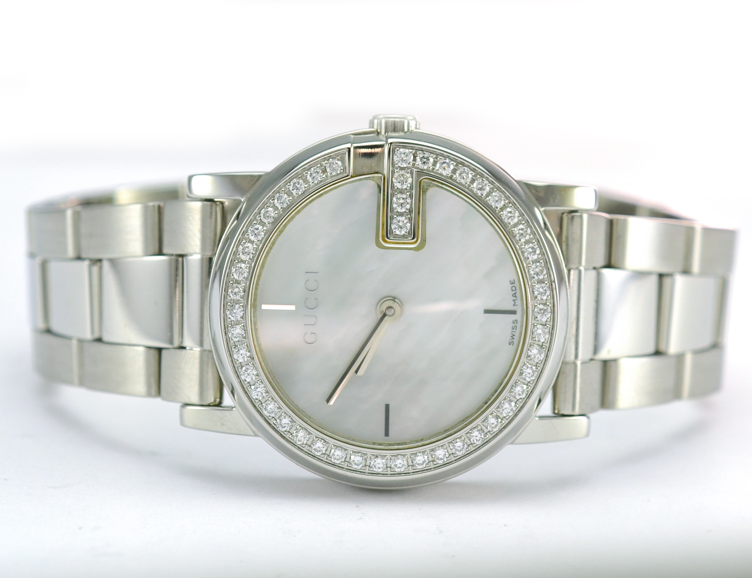 Gucci Guccissima Diamonds Mother of Pearl Dial Silver Steel Strap Watch For Women - YA134504