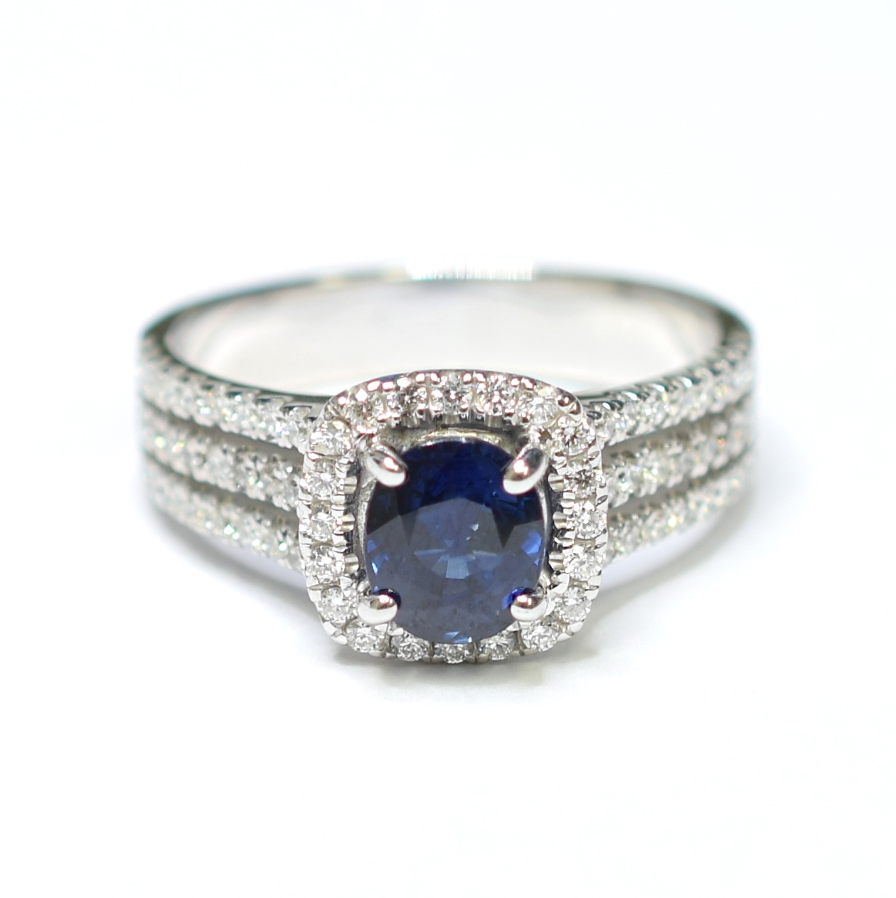 14K White Gold Blue Sapphire & Diamond Swirl Halo Engagement Ring (Size 6) - View #7