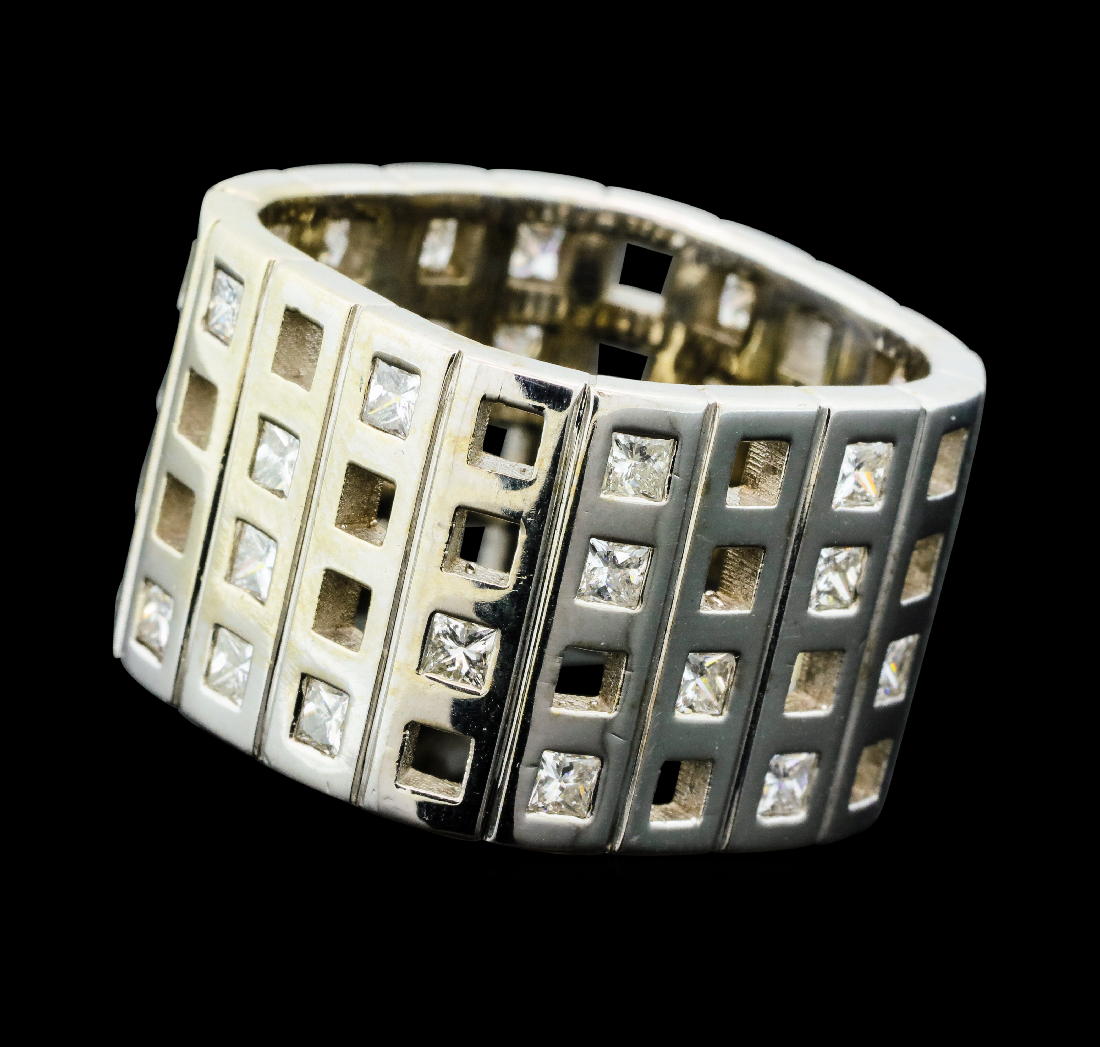 14K White Gold 23.70 Grams Princess Cut Diamond Men's Wide Ring