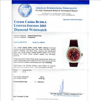 Corum Limited Edition Casino Bubble DIamond Roulette Wheel Design Dial Men's Watch on Black Leather Strap