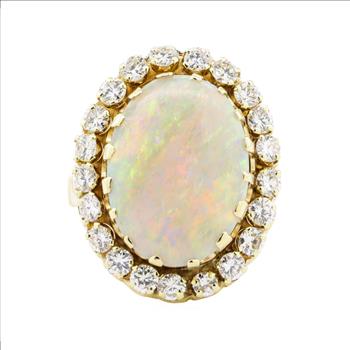 14K Yellow Gold 11.40 Grams Diamond Basket Halo Style Ring w/ Opal Center Stone