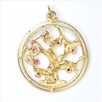 14K Yellow Gold 12.65 Grams Nature Inspired Ruby Circle Pendant
