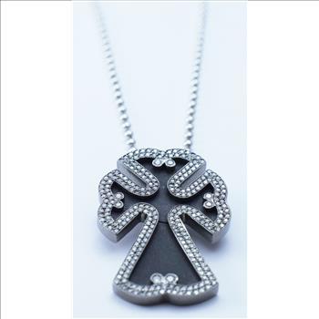 14K White Gold Round Diamond Unique Shape Cross Pendant