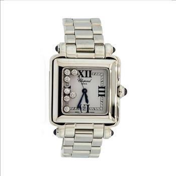 Chopard Happy Sport Stainless Steel White Dial Square Lady's Watch With Floating Bezel Set Diamonds