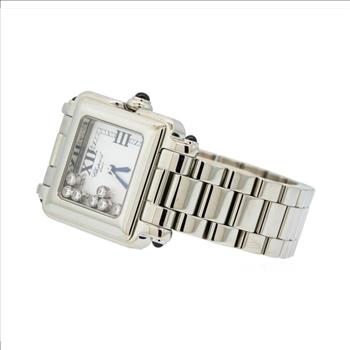 Chopard Happy Sport Stainless Steel White Dial Square Lady's Watch With Floating Bezel Set Diamonds