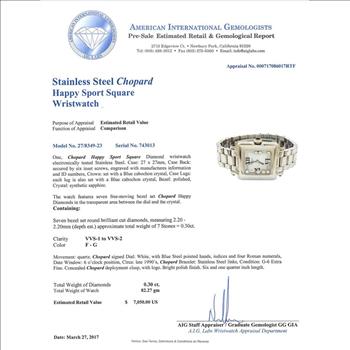 Chopard Happy Sport Stainless Steel White Dial Square Lady's Watch With Floating Bezel Set Diamonds