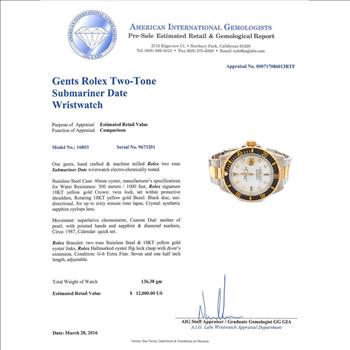 Rolex Submariner Stainless Steel and 18K Gold Custom Mother of Pearl Dial Men's Watch 40MM