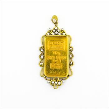 18K Yellow Gold Diamond Halo Style Pendant With 24K Gold Credit Suisse Bar
