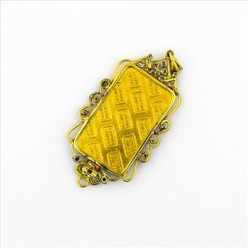 18K Yellow Gold Diamond Halo Style Pendant With 24K Gold Credit Suisse Bar