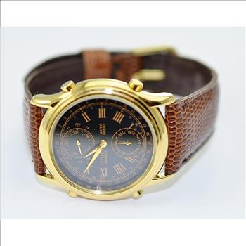 Citizen Quartz Stainless Steel With Yellow Gold Overlay Black Dial Mens Watch on Brown Leather Strap