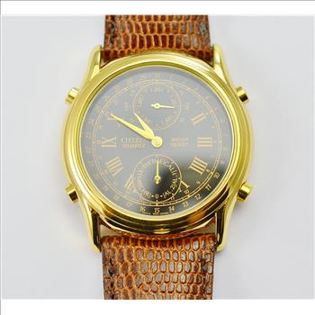 Citizen Quartz Stainless Steel With Yellow Gold Overlay Black Dial Mens Watch on Brown Leather Strap