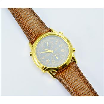 Citizen Quartz Stainless Steel With Yellow Gold Overlay Black Dial Mens Watch on Brown Leather Strap