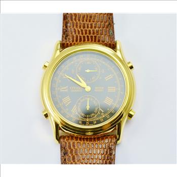 Citizen Quartz Stainless Steel With Yellow Gold Overlay Black Dial Mens Watch on Brown Leather Strap
