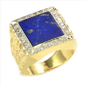 $3,699 Retail 14K Yellow Gold 0.45 Ct t.w. Diamond Nugget Style Men's Ring With Square Cut Lapiz Center