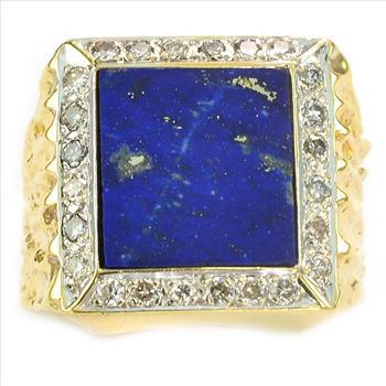 $3,699 Retail 14K Yellow Gold 0.45 Ct t.w. Diamond Nugget Style Men's Ring With Square Cut Lapiz Center