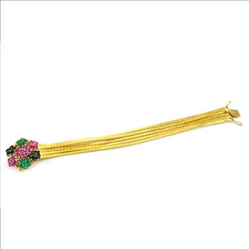 14K Yellow Gold 36.99 Grams Emerald, Ruby and Sappire Flower Cluster Design Five Strand Cocktail Bracelet