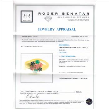 14K Yellow Gold 36.99 Grams Emerald, Ruby and Sappire Flower Cluster Design Five Strand Cocktail Bracelet