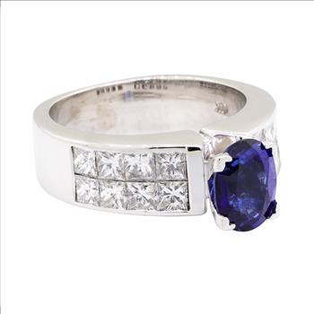 14K White Gold 8.90 Grams Princess Cut Invisible Set Princess Cut Diamond Ring With Sapphire Center Stone