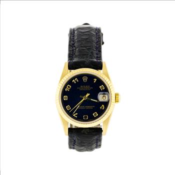 Rolex Datejust 18K Yellow Gold Blue Dial Mid - Size Watch on Black Leather Strap