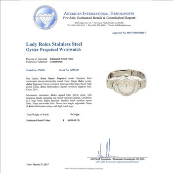 Rolex Oyster Perpetual Stainless Steel Silver Dial Lady's Watch With Authenticity Card