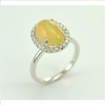 14K White Gold 3.60 Grams Opal and Diamond Dinner Ring
