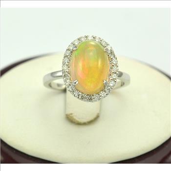 14K White Gold 3.60 Grams Opal and Diamond Dinner Ring