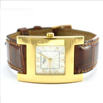 Chopard H Square 18K Gold Silver Dial Lady's Watch on Brown Leather Strap 