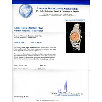 Rolex Stainless Steel Copper Bronze Dial Lady's Watch 25MM