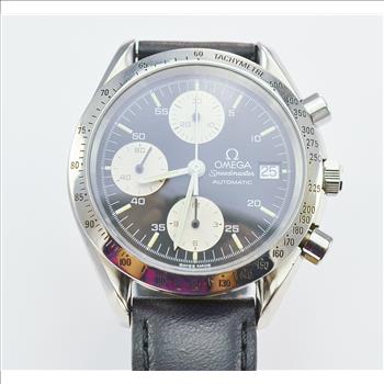 Omega Speedmaster Chronograph Stainless Steel Matte Black Dial Men's Watch on Black Leather Strap