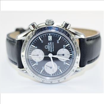 Omega Speedmaster Chronograph Stainless Steel Matte Black Dial Men's Watch on Black Leather Strap