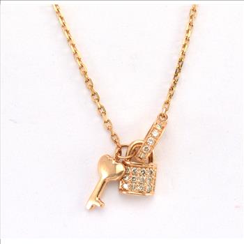 14K Rose Gold 2.66 Grams Diamond Lock and Key Pendant With Gold Adjustable Chain
