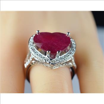 $5,764 Retail 18K White Gold Gorgeous Heart Shape Ruby and Diamond Cocktail Ring No Reserve