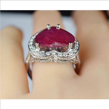 $5,764 Retail 18K White Gold Gorgeous Heart Shape Ruby and Diamond Cocktail Ring No Reserve