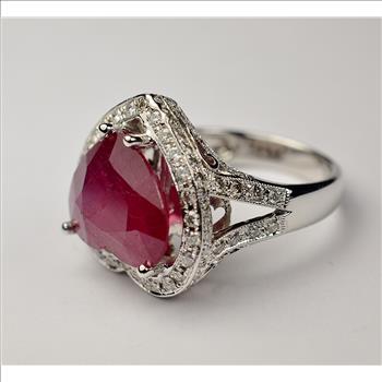 $5,764 Retail 18K White Gold Gorgeous Heart Shape Ruby and Diamond Cocktail Ring No Reserve