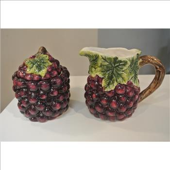 Grapes Hand Painted Fine Ceramic Sugar Bowl & Creamer Set