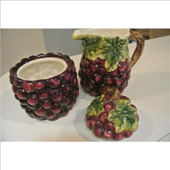 Grapes Hand Painted Fine Ceramic Sugar Bowl & Creamer Set