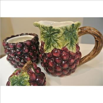 Grapes Hand Painted Fine Ceramic Sugar Bowl & Creamer Set