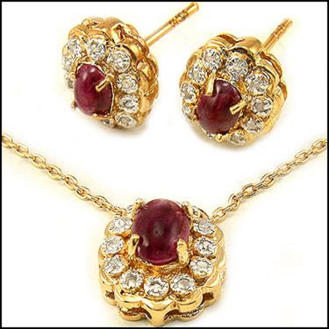 New 3.05 Ctw Natural Ruby Diamond 18K Gold Plated Designer Necklace & Earrings MSRP $2,275