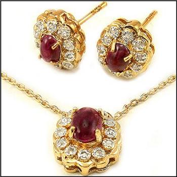 New 3.05 Ctw Natural Ruby Diamond 18K Gold Plated Designer Necklace & Earrings MSRP $2,275