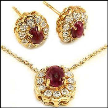 New 3.05 Ctw Natural Ruby Diamond 18K Gold Plated Designer Necklace & Earrings MSRP $2,275