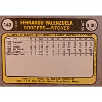 FERNANDO VALENZUELA ~ 1981 FLEER ~ ROOKIE CARD ~ LOS ANGELES DODGERS