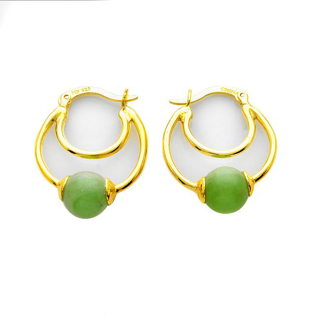 thumbnail image 2 of Vintage Green Hetian Jade Hoop Earrings - 18k Gold Plated, Hinged Closure, Lab-Created 2 of 5