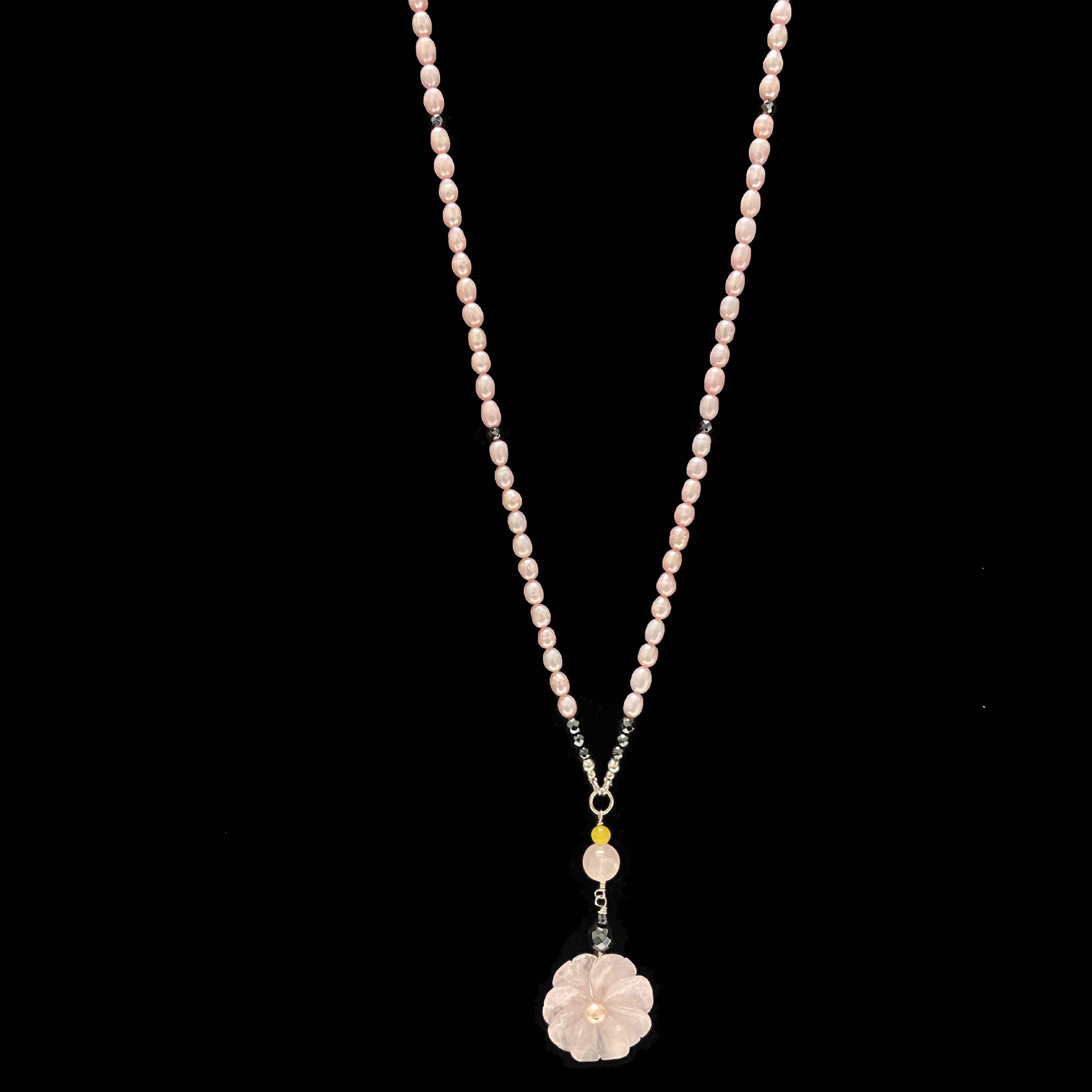 Pink Pearl and Rose Quartz Flower Necklace Property Room