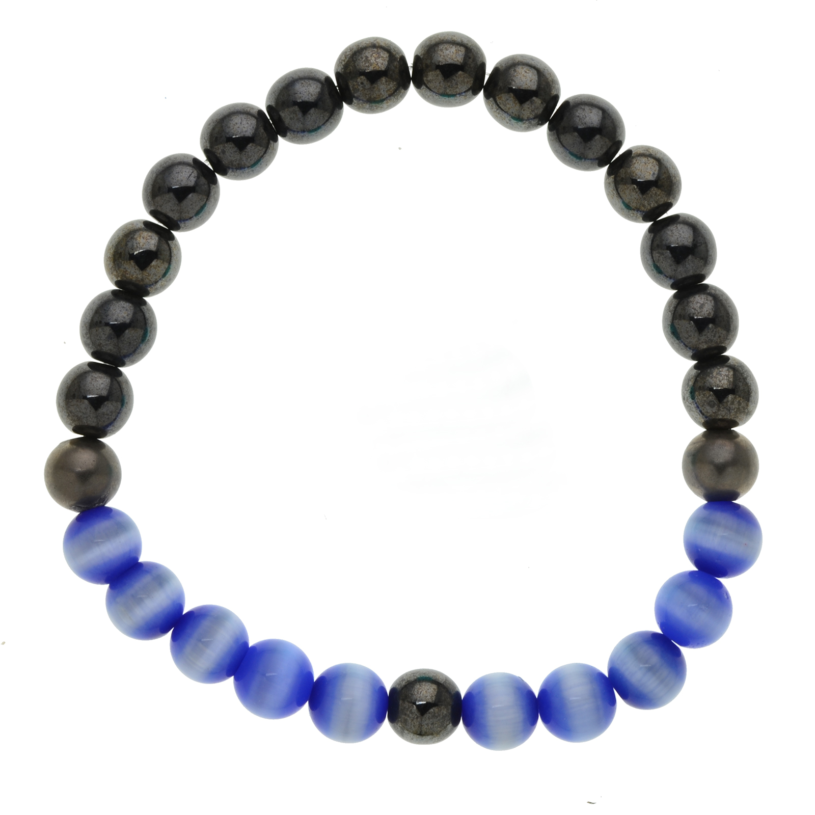 Deep Blue Cat’s Eye Beaded Bracelet with Polished Hematite Accents