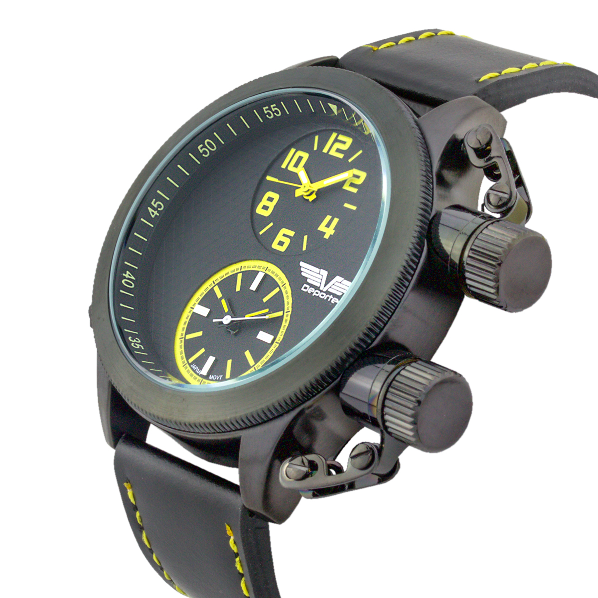 Montre Homme Deporte Dual Time Sutton - Cadran Noir/jaune, 50 Mm, étanche 30 M, Neuve