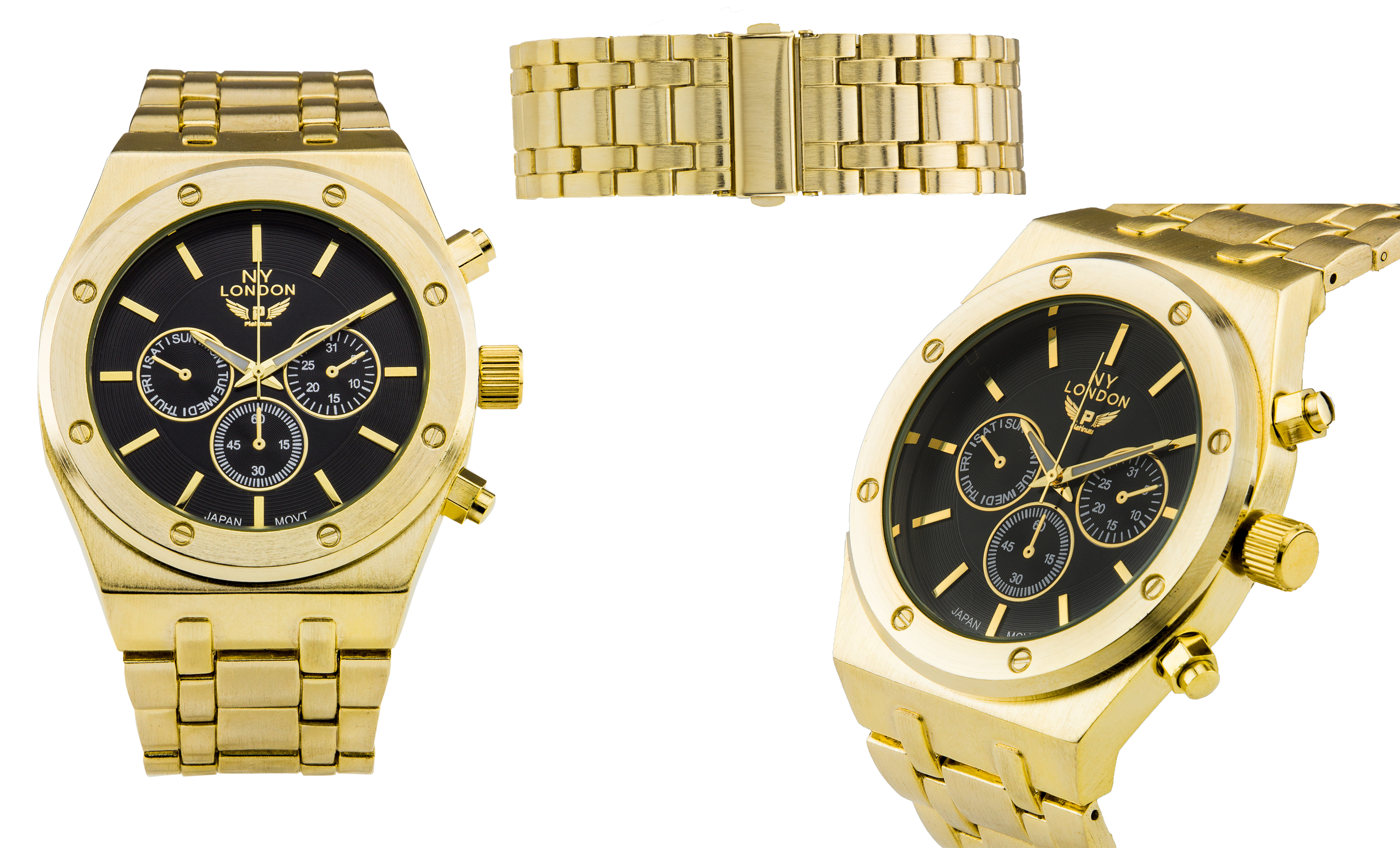 NY London Blue Steel Mens Watch Gold Bracelet, Black Dial Group 1