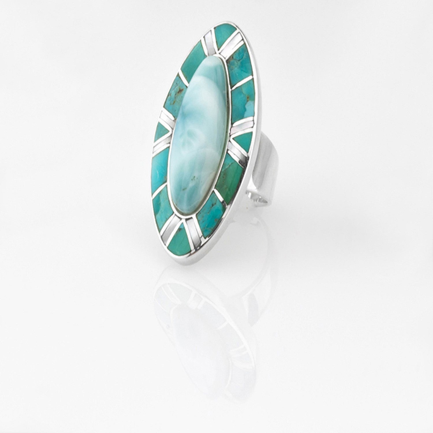 Sterling Silver Larimar, Turquoise & Mother of Pearl Inlay Ring ...