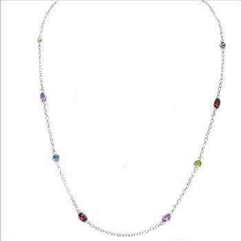 Multi Gemstones Station Sterling Silver Necklace
