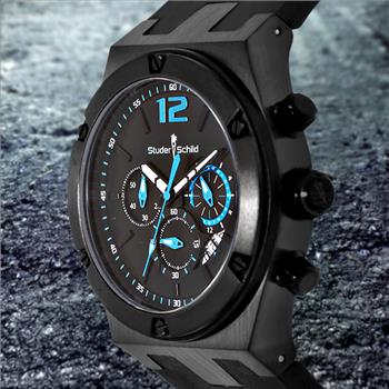Montre Chronographe Homme Studer Schild Tull - Boîtier Acier Noir 42mm - Neuf étiqueté
