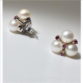 Sterling Silver Pearl Cluster Garnet Stud Earrings 